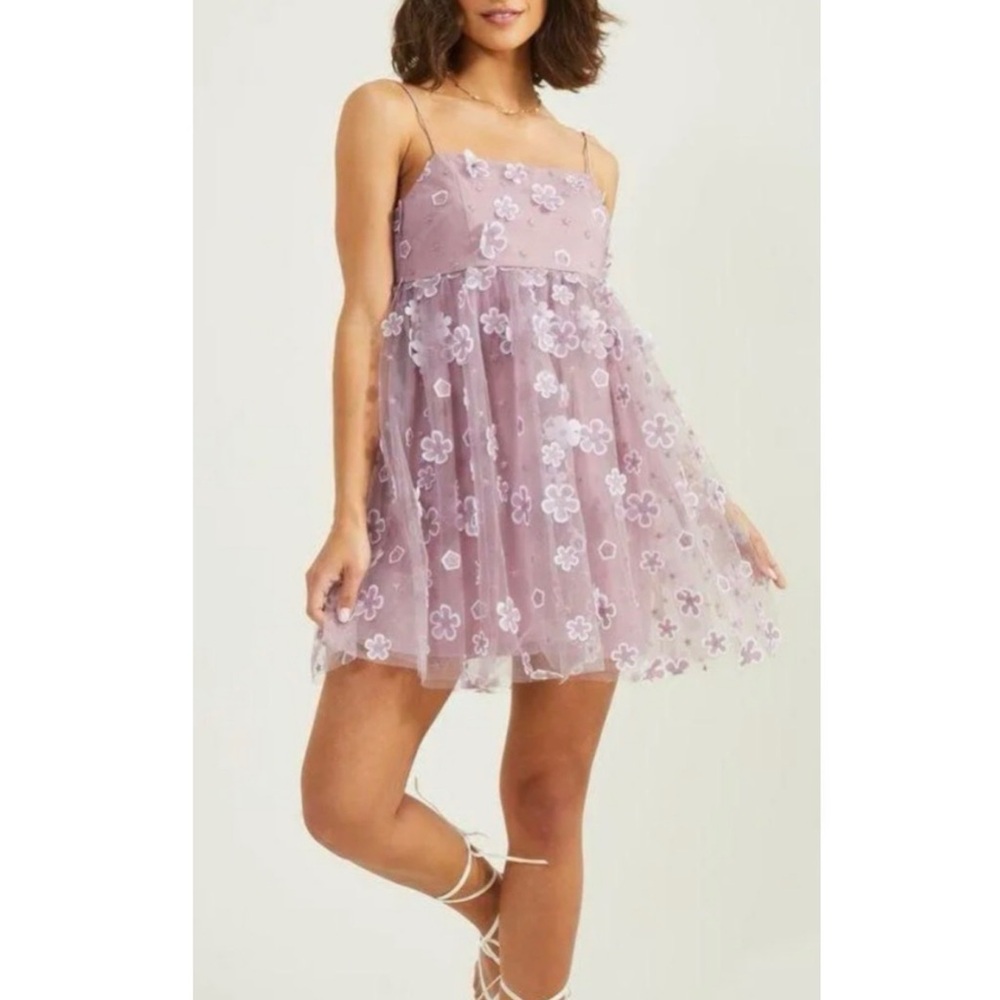 TRIXXI Floral Mesh Babydoll Mini Dress Lavender Purple XS